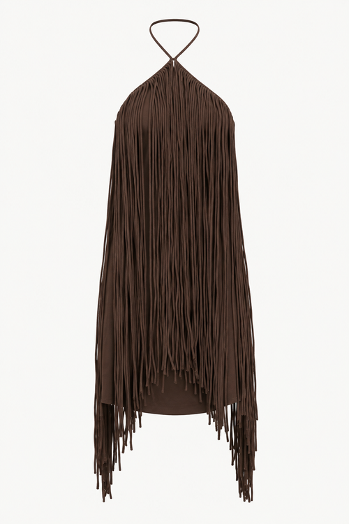 Vestido Ciénaga para mujer de Anthias, con escote halter, silueta corta y largos flecos que crean movimiento. Una pieza protagonista de inspiración tropical.
