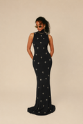 Vestido Milkyway negro largo ajustado con aplicaciones de palmeras para mujer – Anthias

