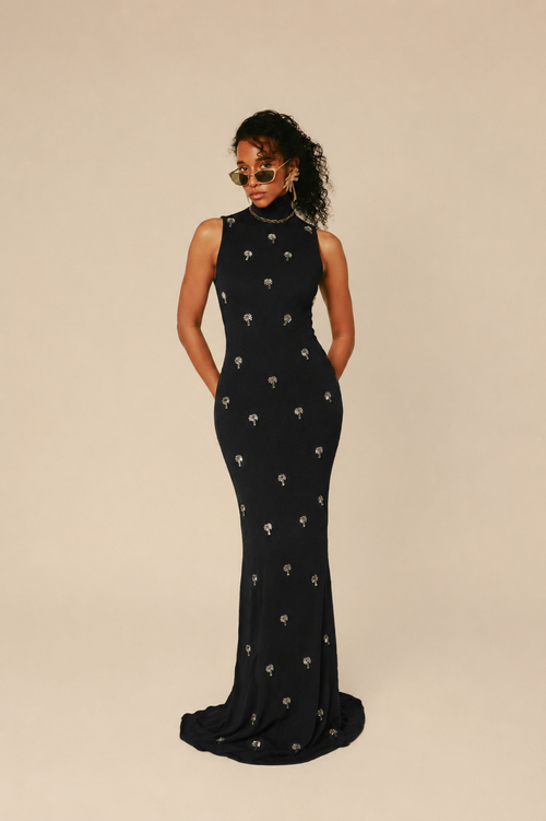 Vestido Milkyway negro largo ajustado con aplicaciones de palmeras para mujer – Anthias
